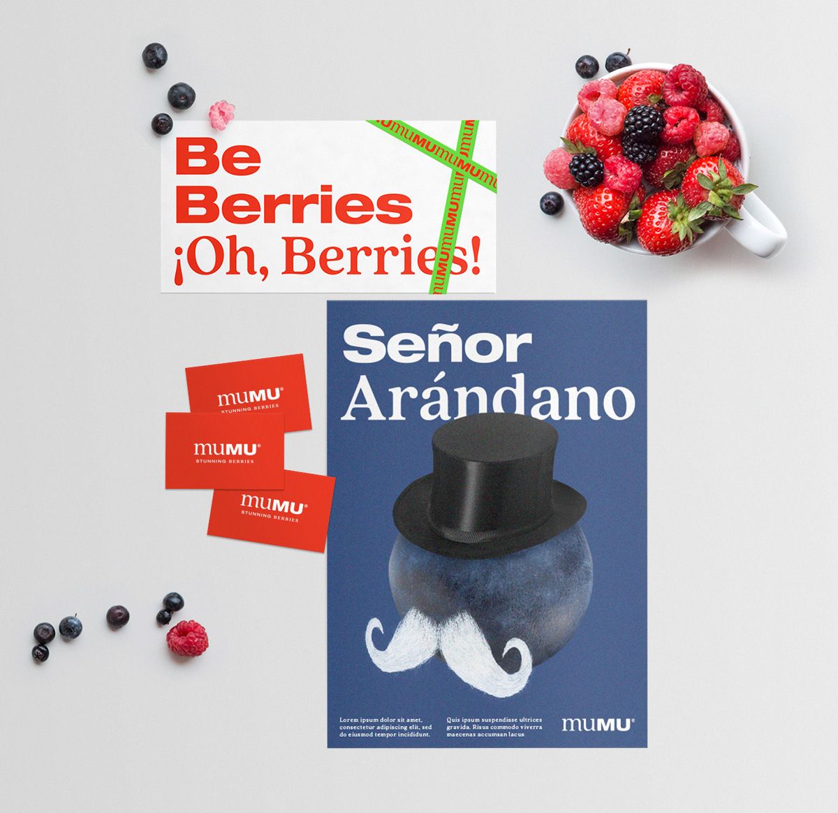 Diferentes aplicaciones de papelería para Mumu usando arándanos