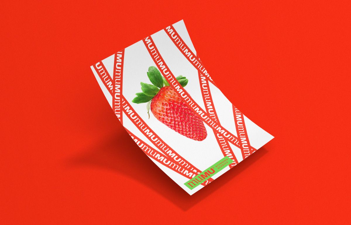 Aplicación de cartel publicitario para Mumu sobre fondo rojo